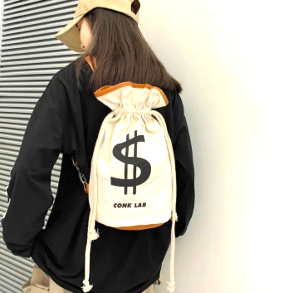 Cream Drawstring Backpack with Dollar Sign